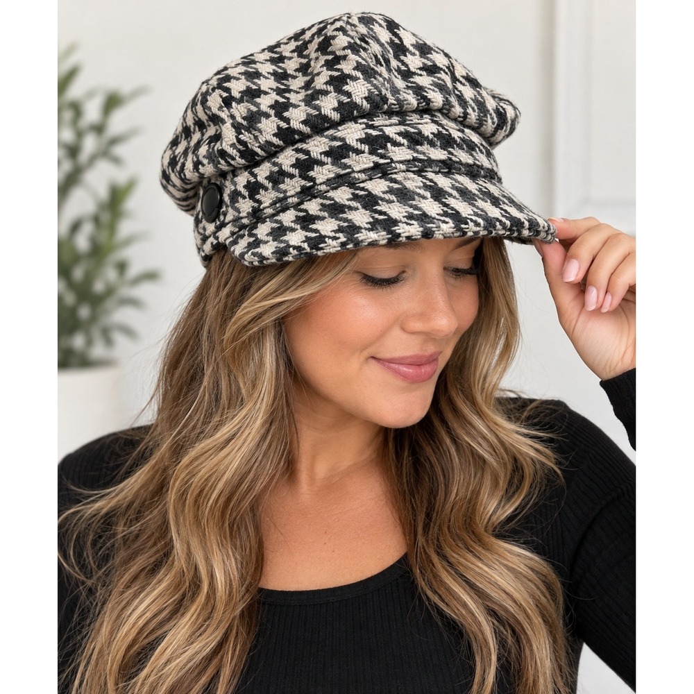 Nine West Newsboy Cap Black White Houndstooth Wool Blend Baker Boy Hat